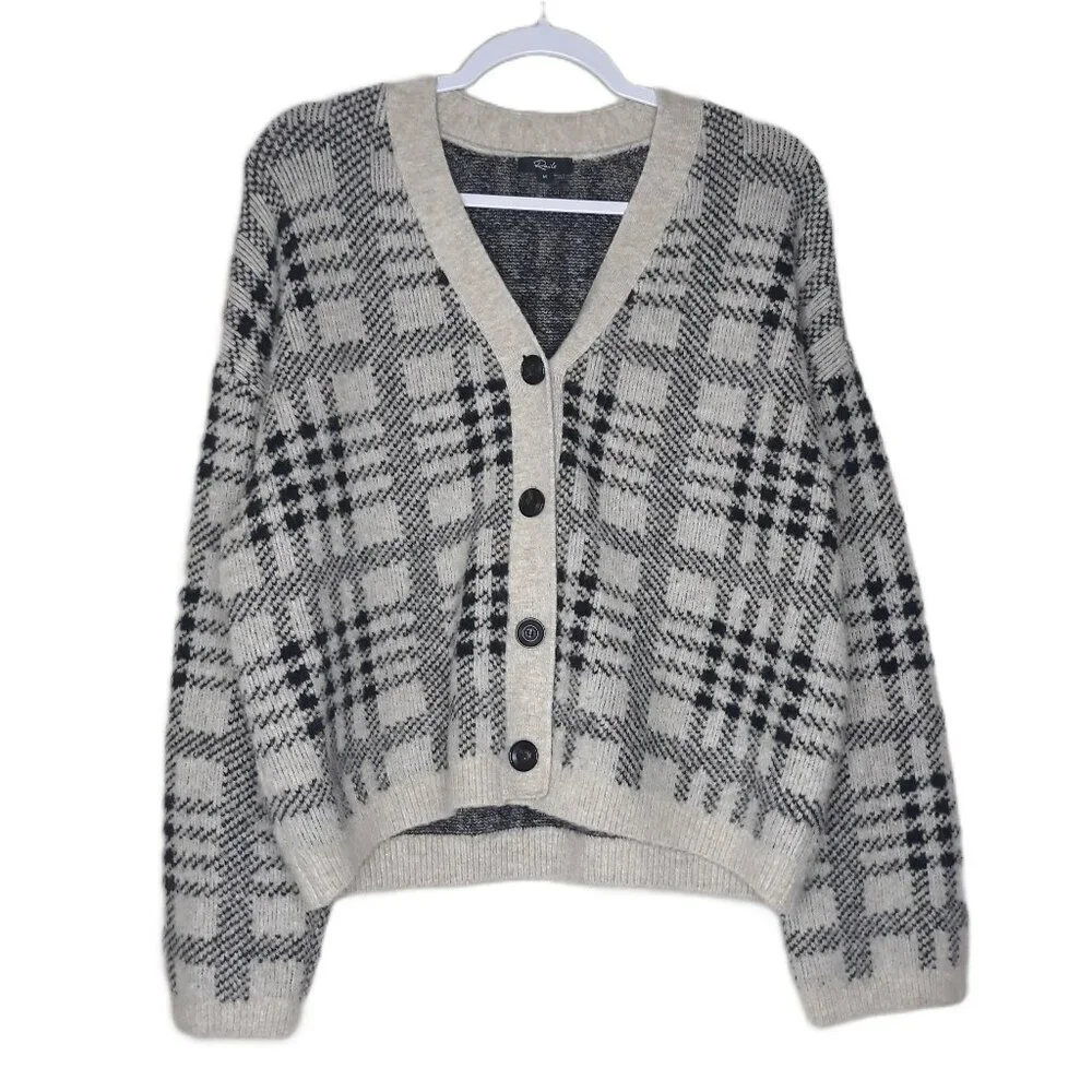 Rails Reese Black Oatmeal Plaid Cardigan M V-Neck Boxy Heavyweight